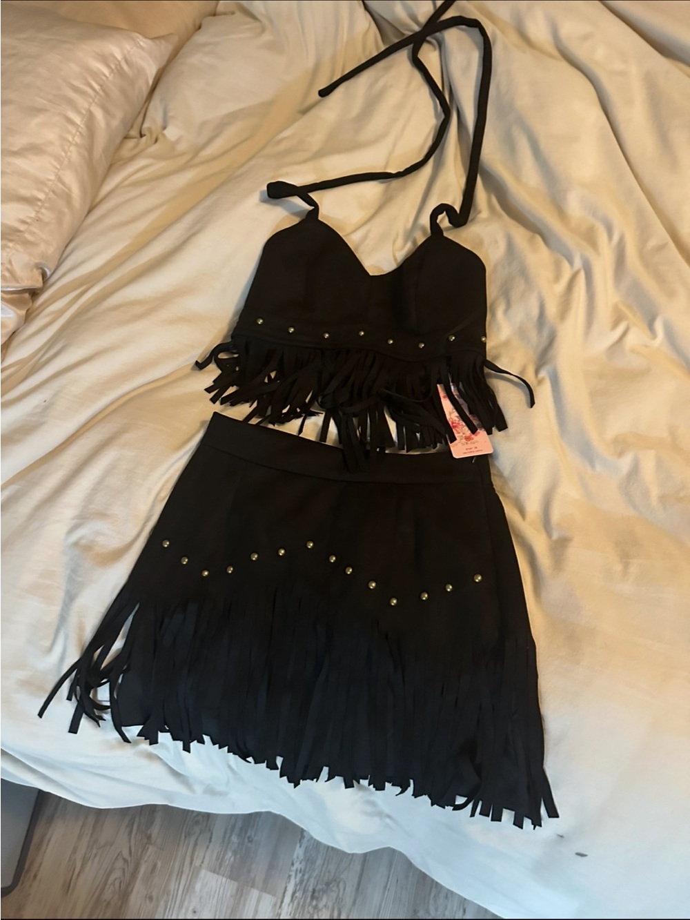 Black Fringe Mini Skirt & matching top - Sleek Women's Fringe Skirt & top